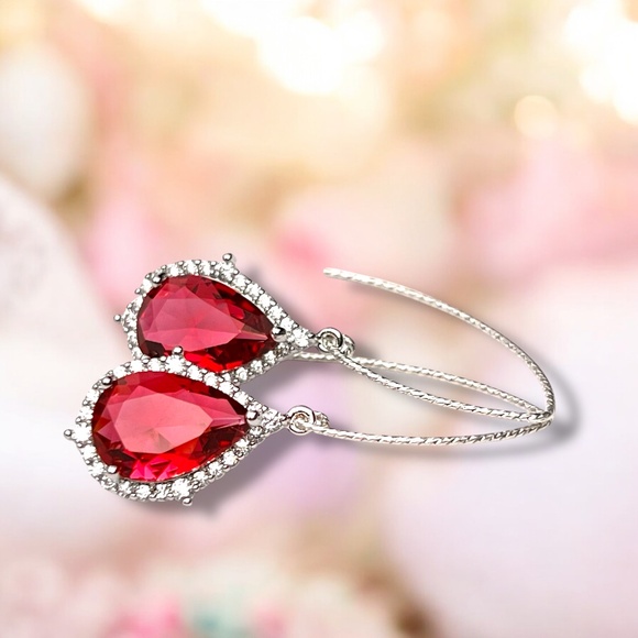 Sterling Silver Ruby Earrings – Rhodium-Plated Silver. Gift-ready Handmade - Picture 1 of 9